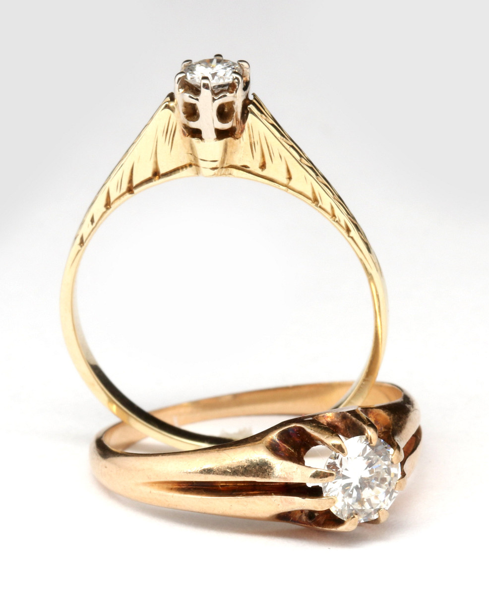 TWO ANTIQUE 14K GOLD AND DIAMOND SOLITAIRE RINGS
