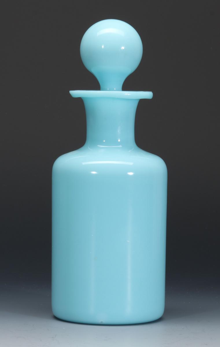 AN ANTIQUE FRENCH BLUE OPALINE PERFUME BOTTLE