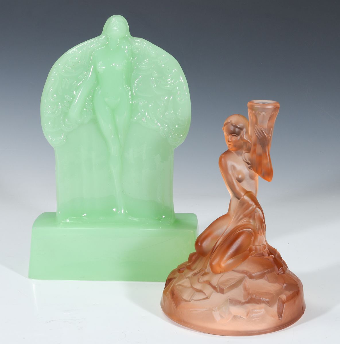 TWO ART DECO ART GLASS LAMP BASES WITH NUDES