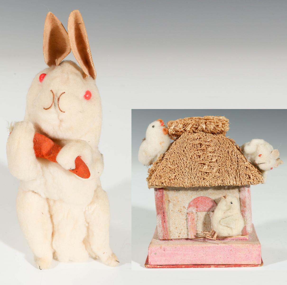 A SPUN COTTON EASTER RABBIT AND CANDY CONTAINER