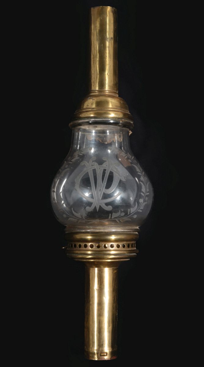 AN EARLY RAILROAD CANDLE LAMP W/ ENGRAVED MONOGRAM