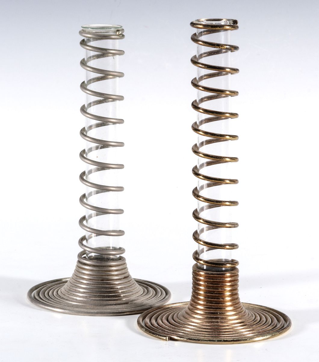 A PAIR COILED RAILROAD DINING CAR BUD VASES