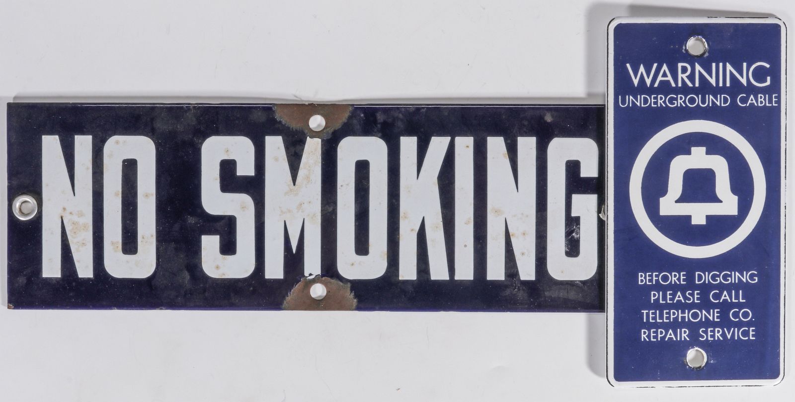 TWO VINTAGE BLUE AND WHITE PORCELAIN SIGNS
