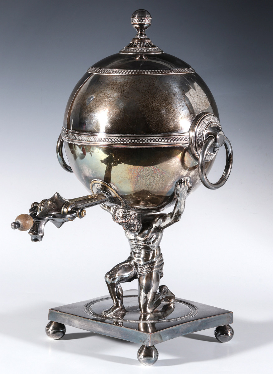 AN EARLY 19TH C SILVER ATLAS FIGURAL HOT WATER URN