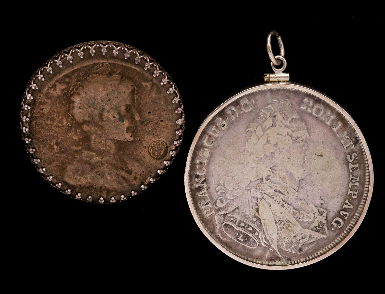 A 1757 GERMAN 20 KREUZER COIN PENDANT PLUS ANOTHER