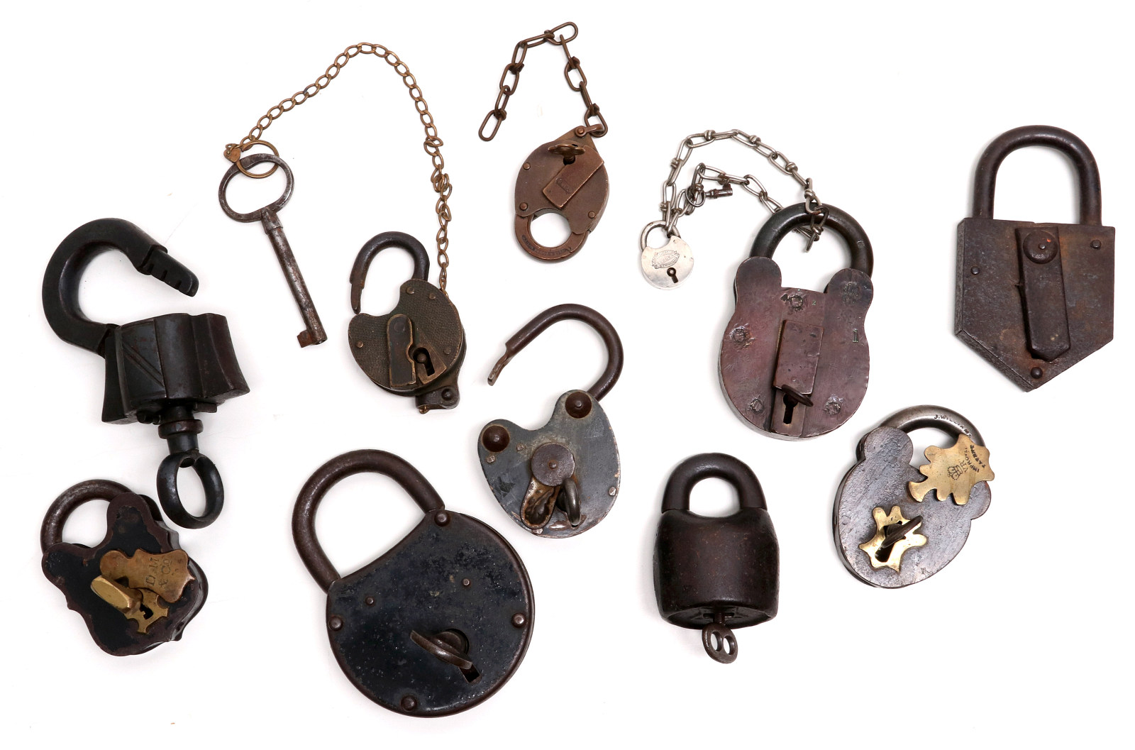 A COLLECTION OF OLD AND UNUSUAL 19TH C. PADLOCKS