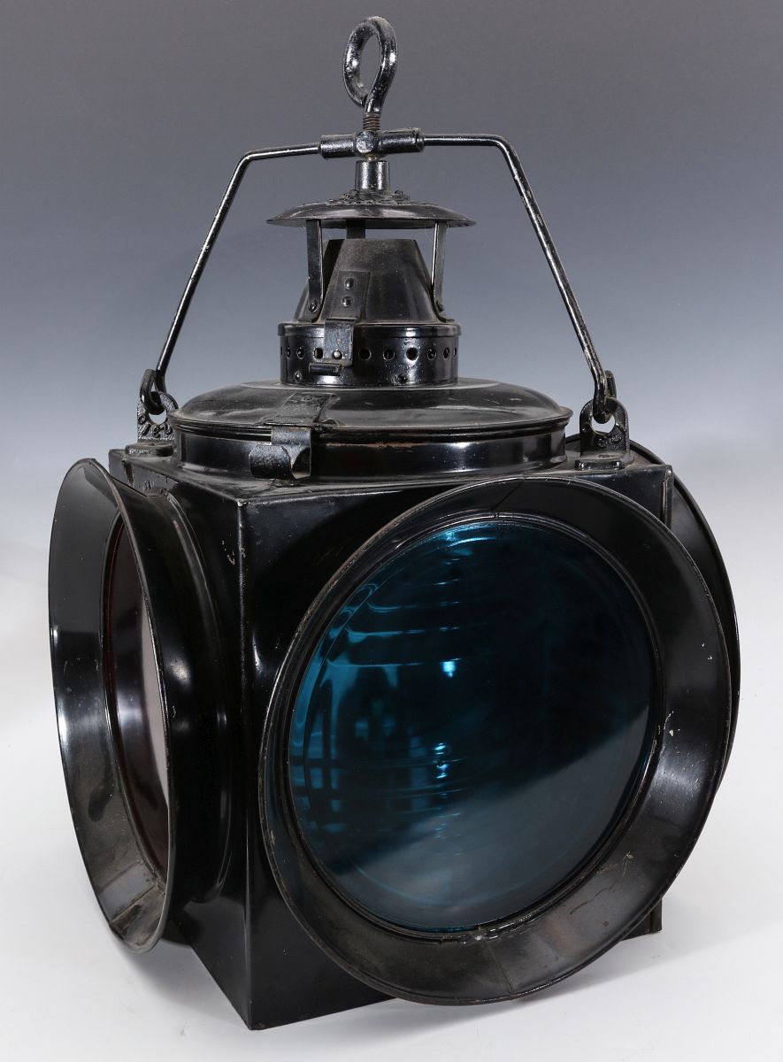 AN ADLAKE PRESSED STEEL DRAWBRIDGE LAMP NO. 199