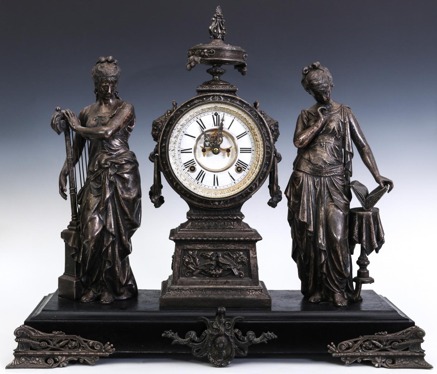 AN ANSONIA 'MUSIC AND POETRY' DOUBLE STATUE CLOCK