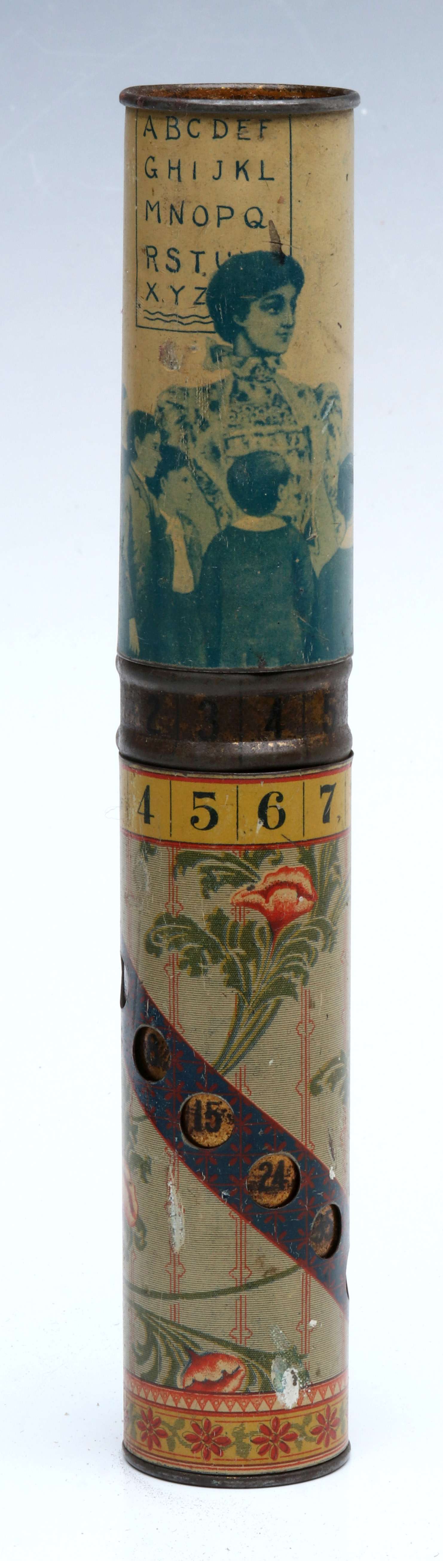 A LARGE 1898 TIN LITHO PENCIL BOX WITH CALCULATOR