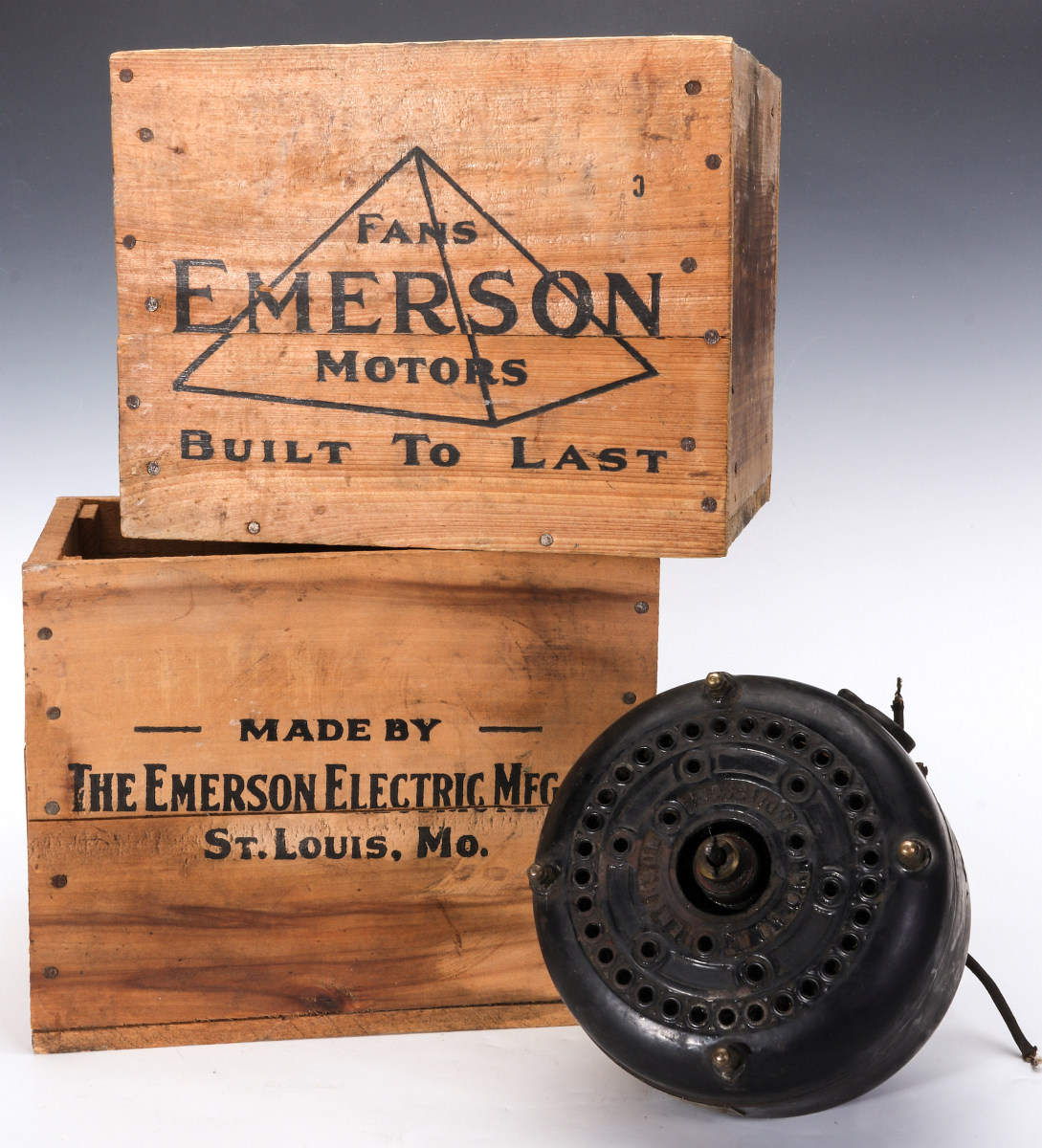 EMERSON ELECTRIC FAN MOTOR, WOODEN ADVTG CRATES