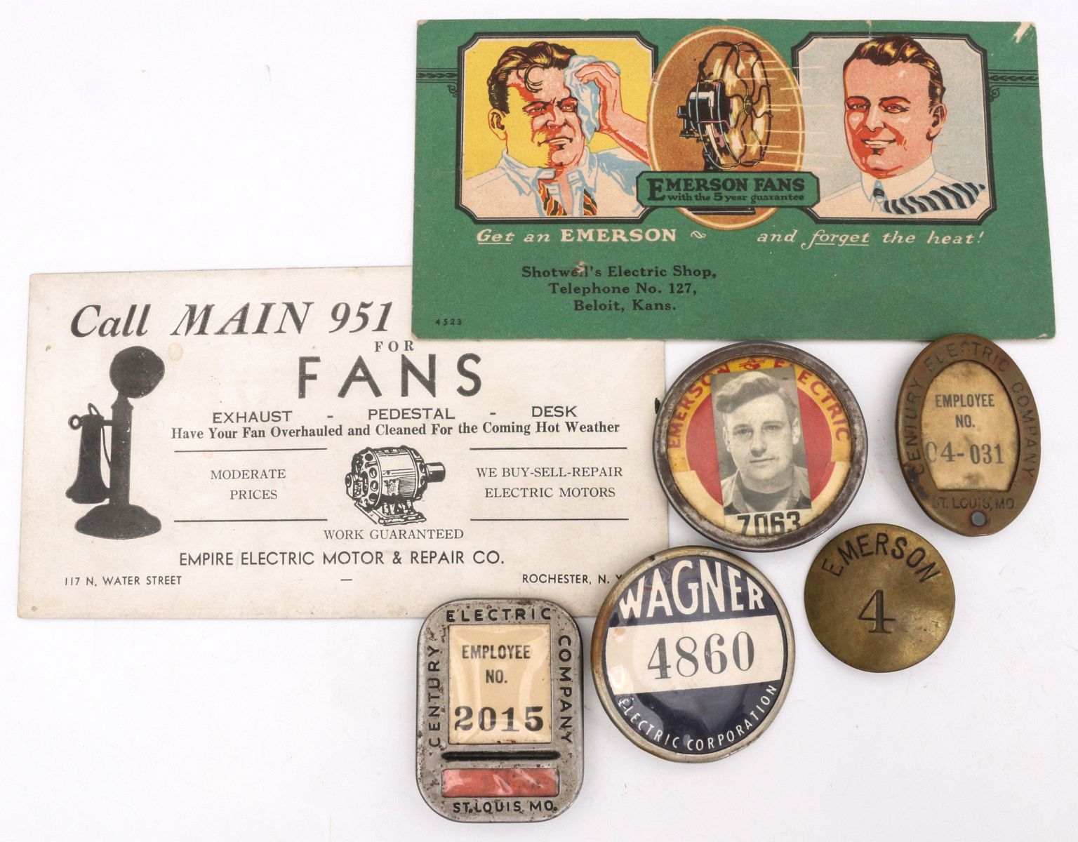 EMERSON AND OTHER FAN COMPANY BADGES, ADVERTISING
