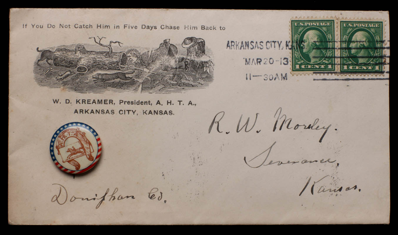 ANTI-HORSE THIEF ASSOC. ENVELOPE AND BUTTON, 1913