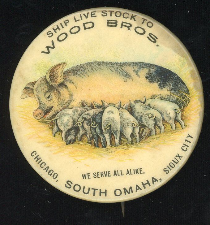 A WOOD BROS. LIVE STOCK CELLULOID ADVTG PINBACK