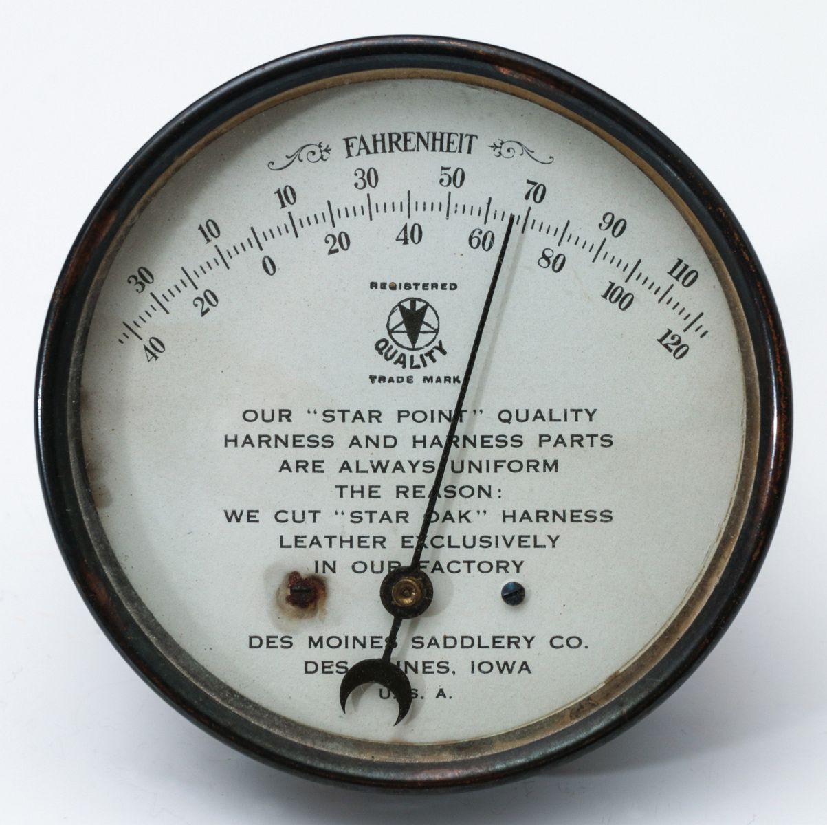 DES MOINES SADDLERY CO. ADVERTISING THERMOMETER