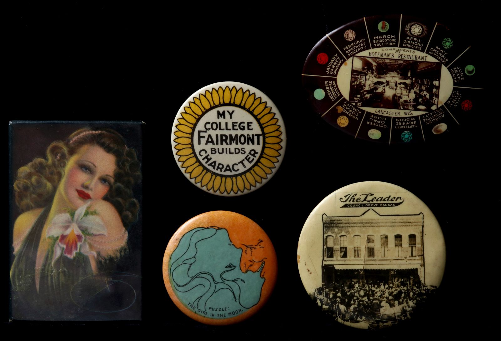 COLLECTION OF CELLULOID ADVERT. MIRRORS & BUTTON