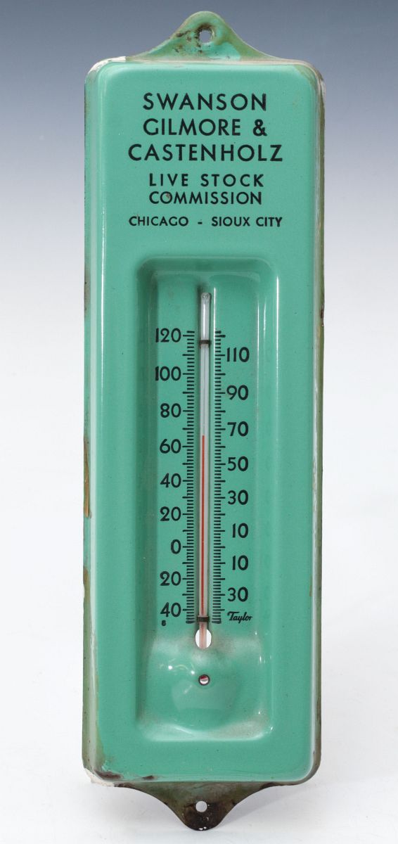 A PORCELAIN ENAMEL STOCK COMMISSION THERMOMETER