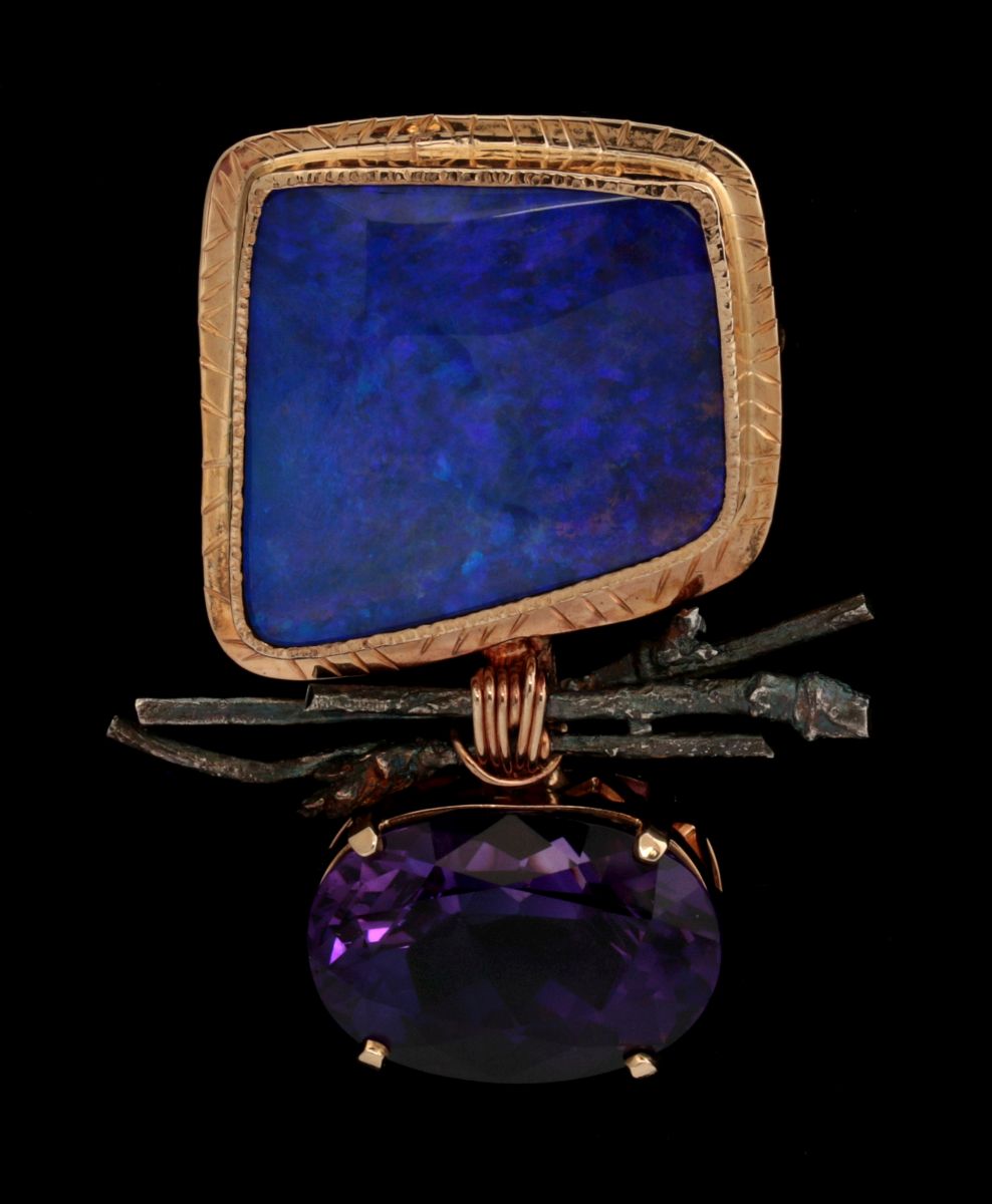 A MICKY ROOF 18K GOLD AMETHYST AND OPAL BROOCH