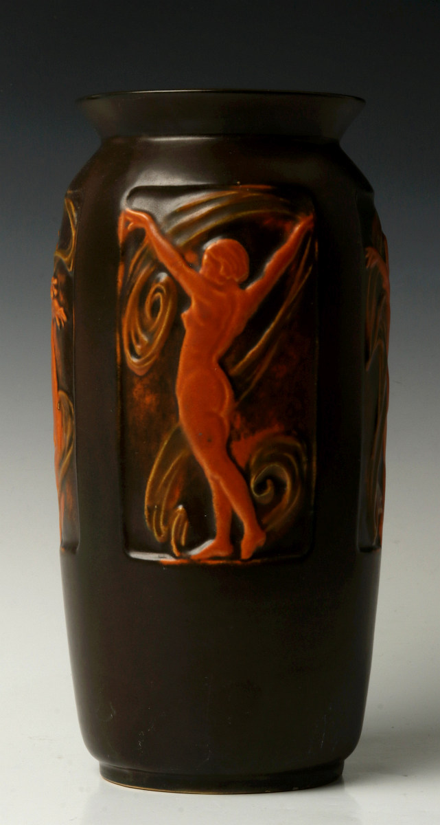 A 10' ROSEVILLE 'PANEL' ART POTTERY VASE WITH NUDE