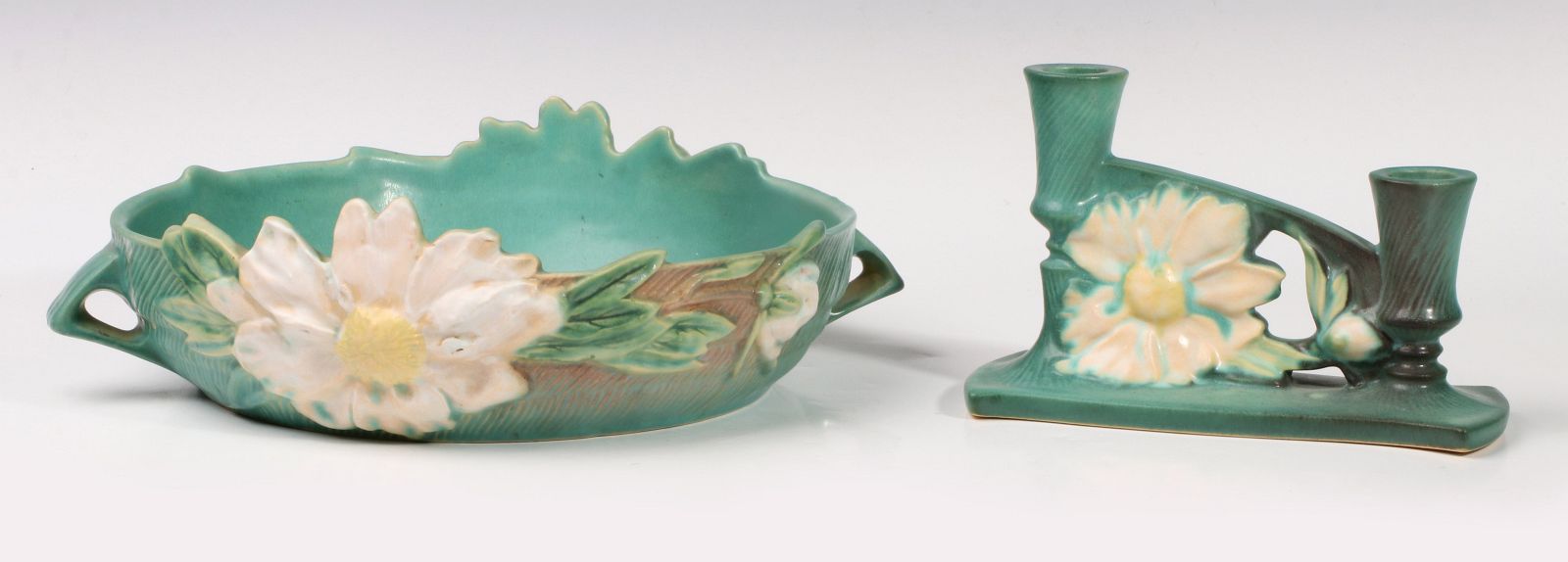 ROSEVILLE 'PEONY' ART POTTERY BOWL AND CANDLESTICK