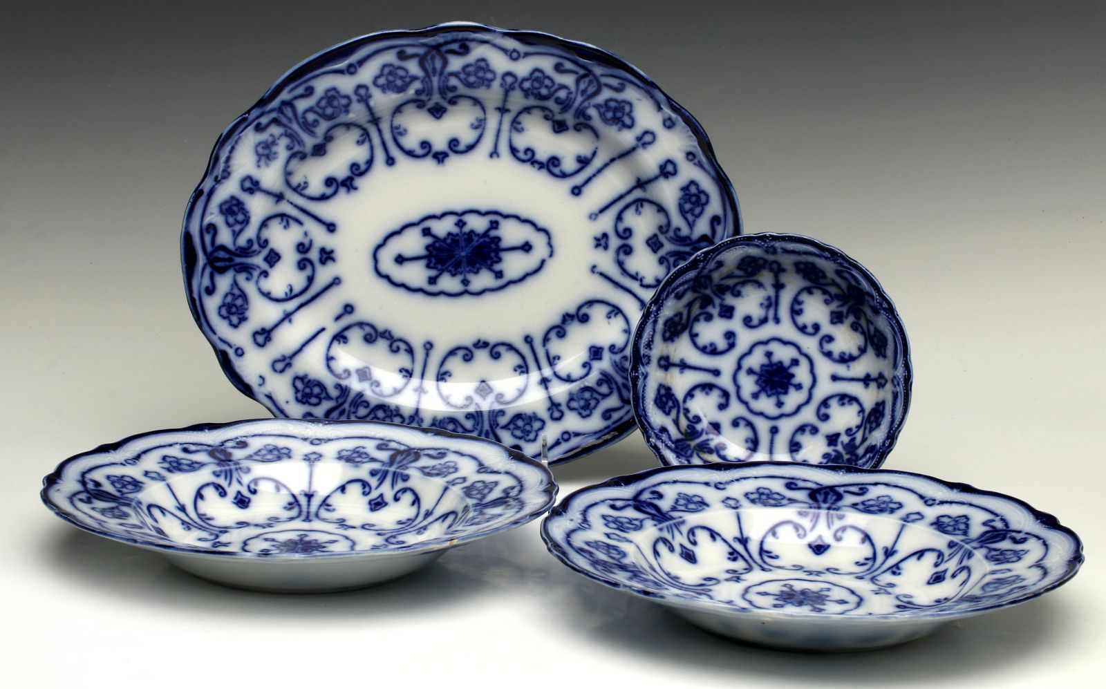 CONWAY FLOW BLUE SERVING PLATTER AND BOWLS
