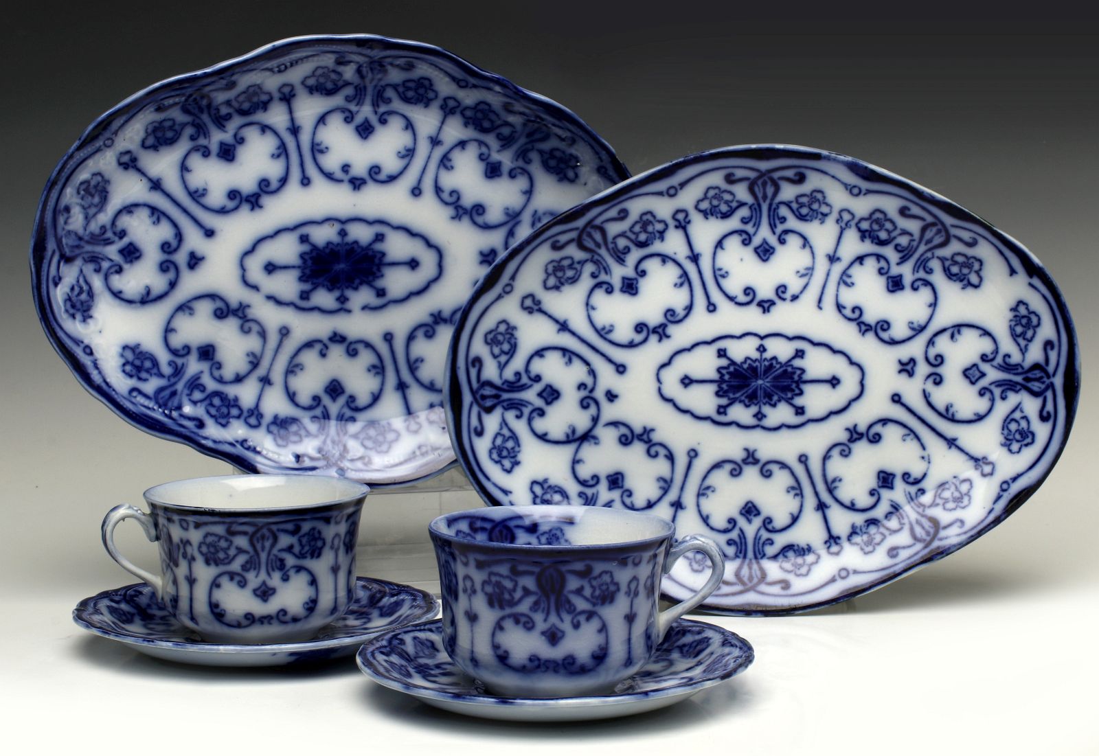 CONWAY FLOW BLUE TRAYS, CUPS AND SAUCERS