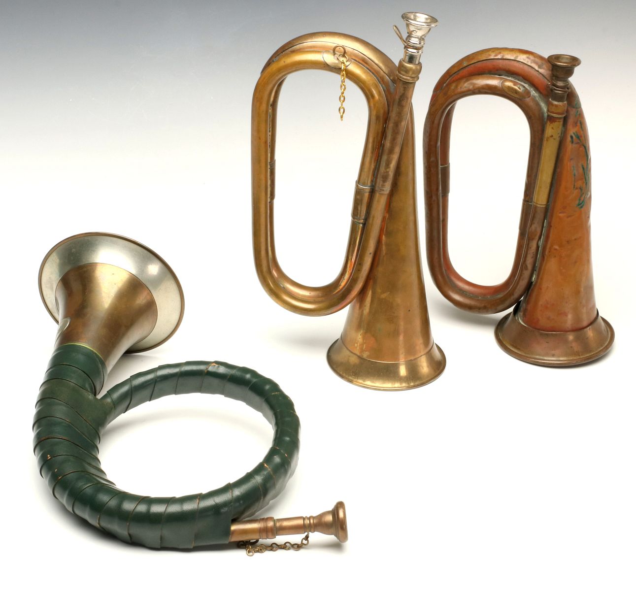 COPPER AND BRASS BUGLES AND HUNTING HORN