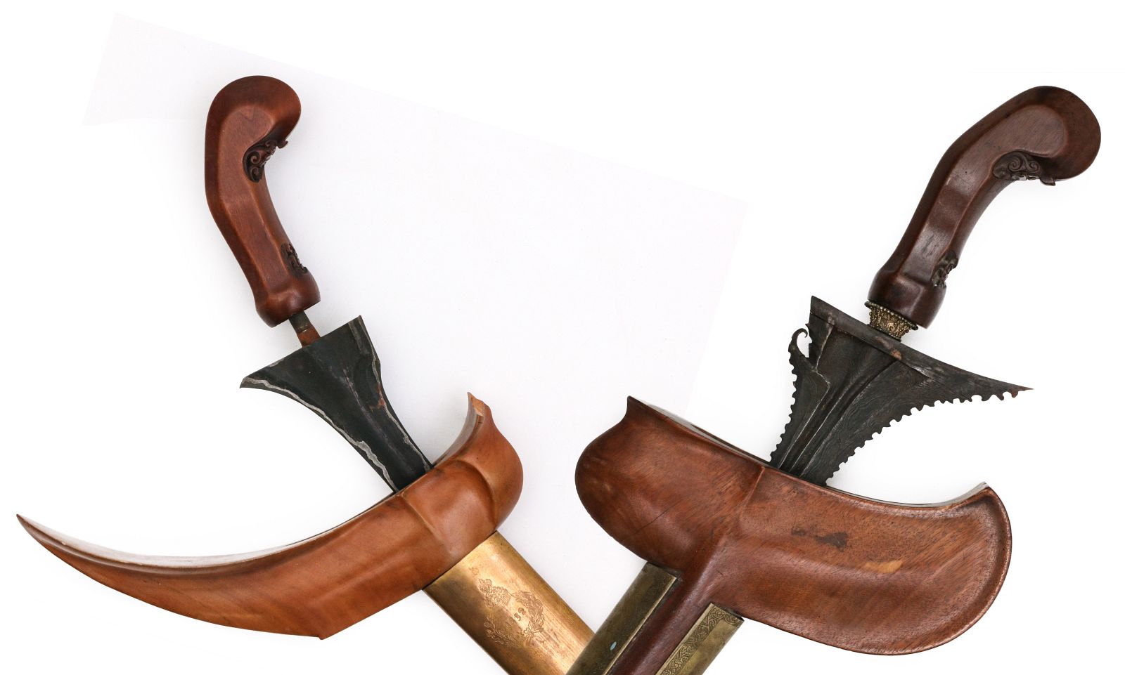 TWO DAMASCUS BLADE KRIS DAGGERS WITH SCABBARDS