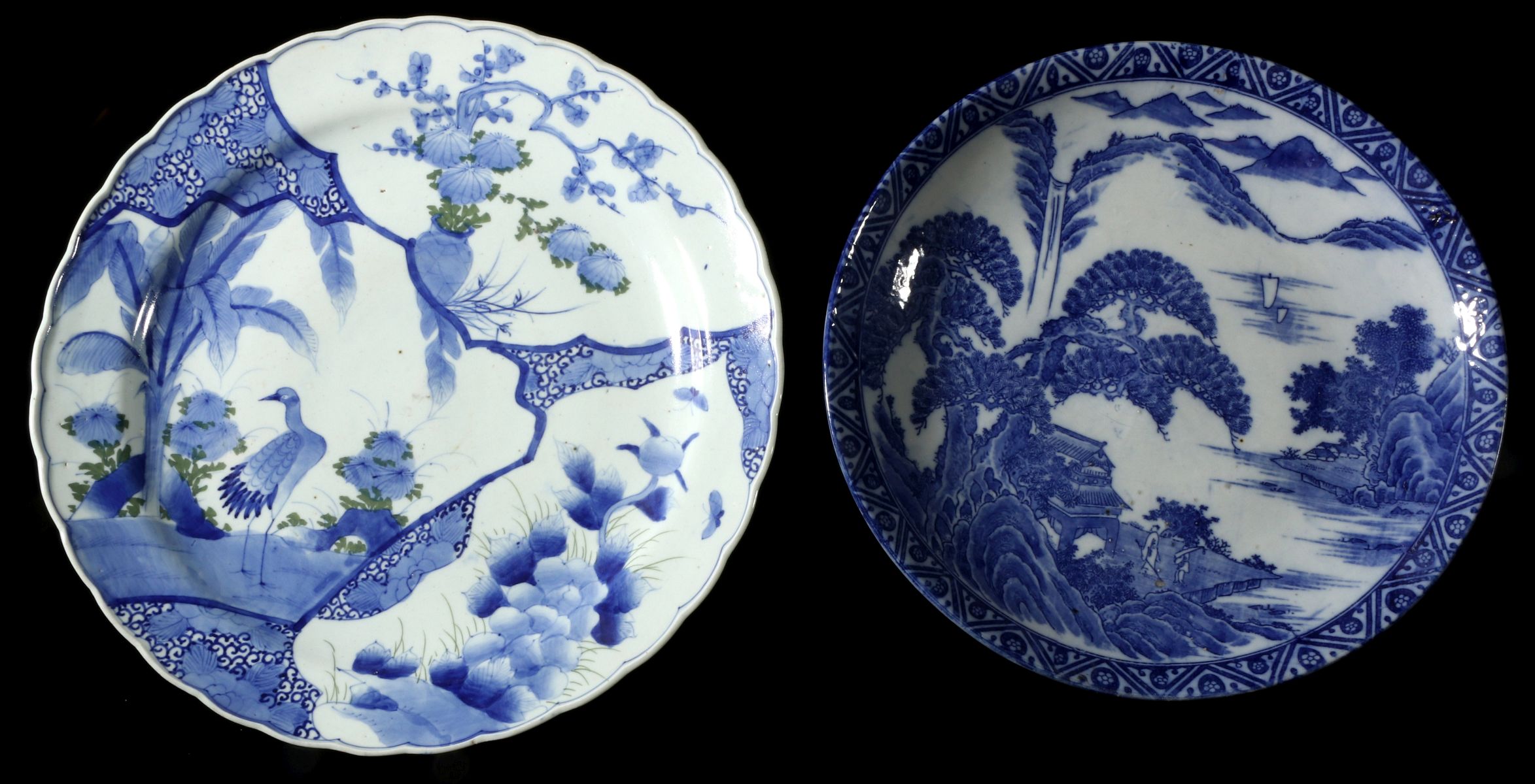 TWO ANTIQUE ASIAN BLUE & WHITE PORCELAIN CHARGERS