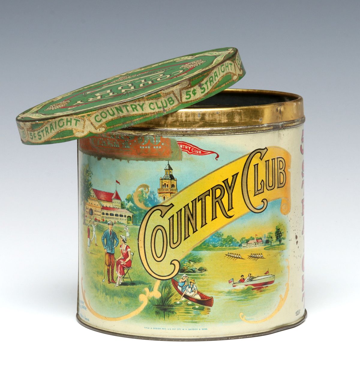 A COUNTRY CLUB 5Â¢ CIGARS TIN WITH GOLFER C. 1920