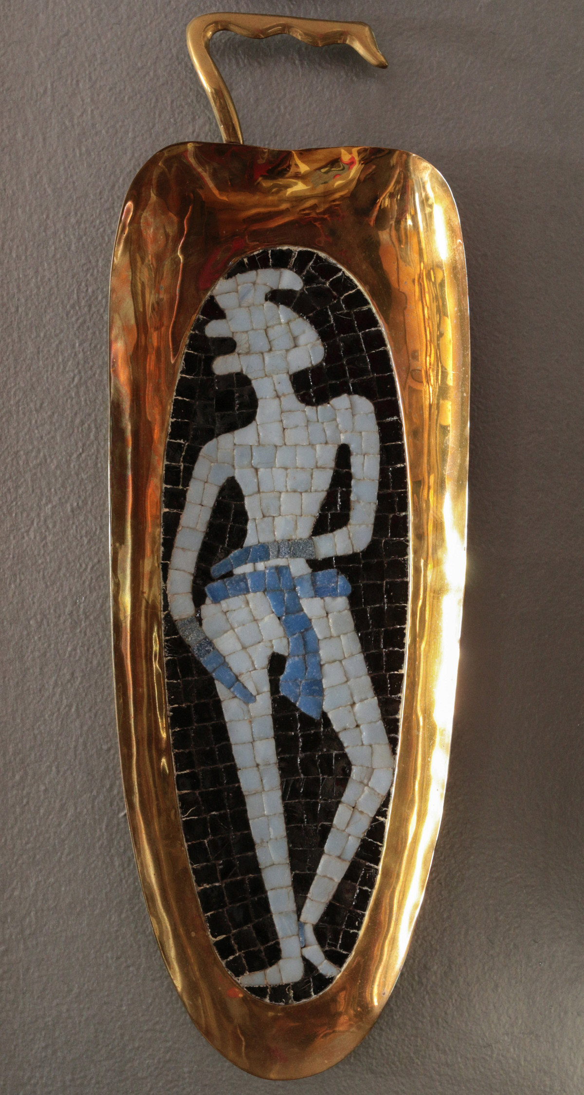 A MODERN BRASS TRAY WITH MOSAIC SIGNED SALVADOR