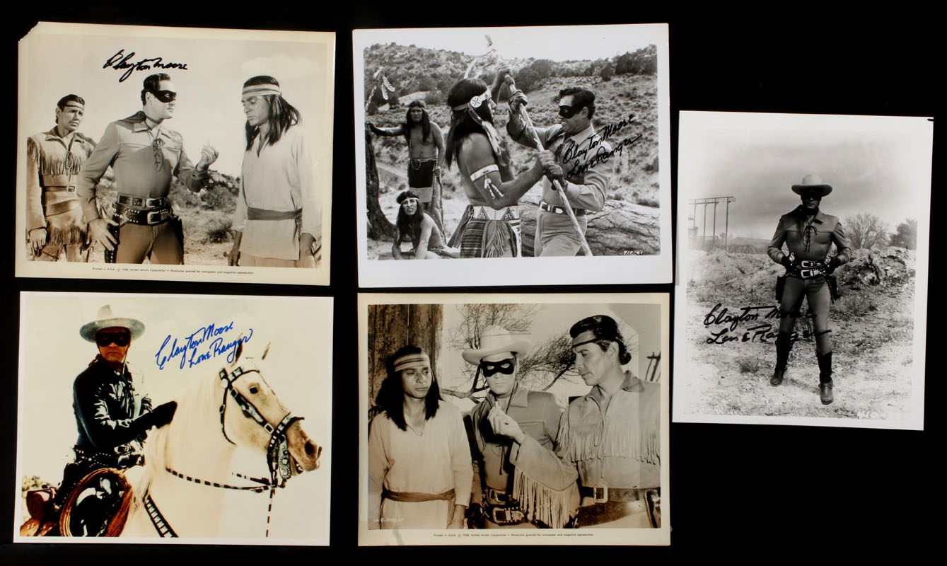 FIVE CLAYTON MOORE SIGNED LONE RANGER PHOTOGRAPHS