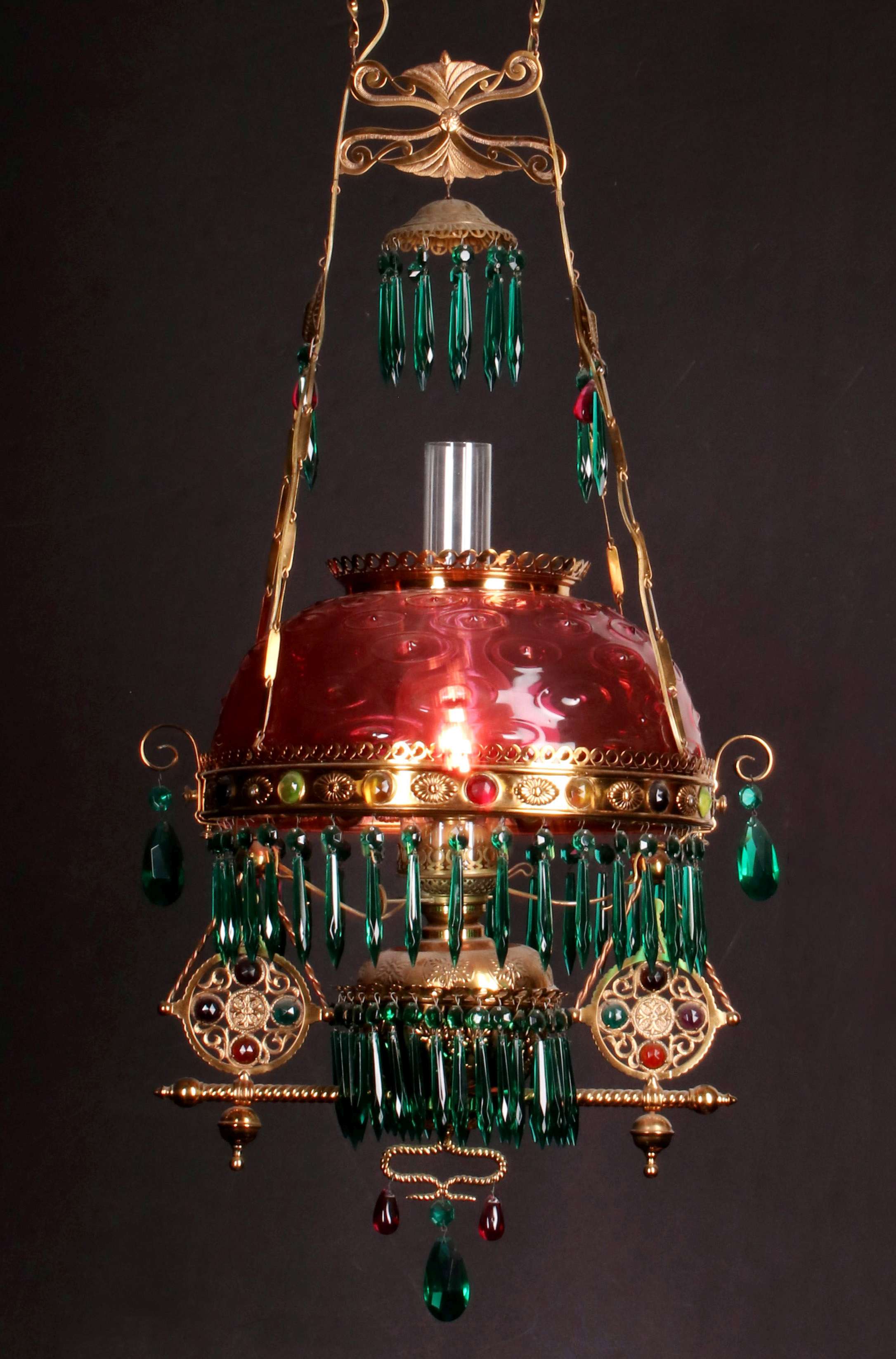 AN EXCEPTIONAL JEWELED BRASS VICTORIAN CHANDELIER