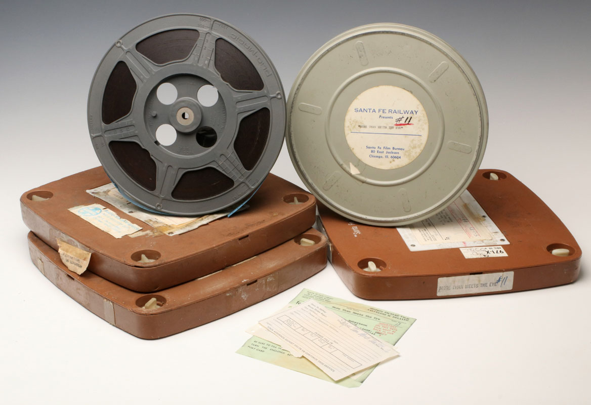 THREE SANTA FE RAILROAD FILM REELS & CASES C. 1987