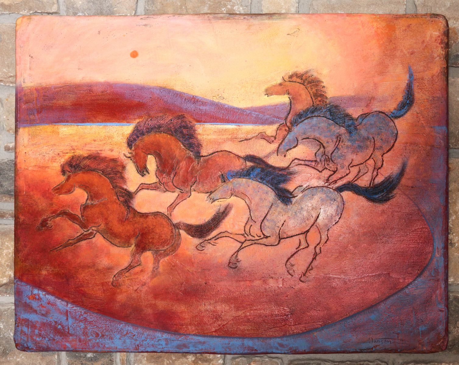 AN ETCHED POTTERY MURAL WITH HORSES SIGNED HANSEN
