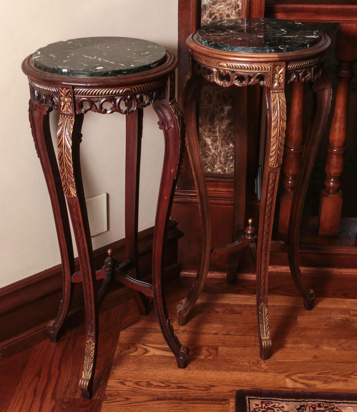 TWO TALL FRENCH STYLE STANDS WITH MARBLE TOPS