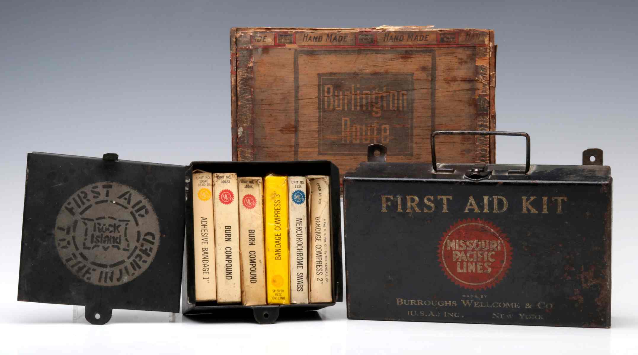 RAILROAD FIRST AID KITS AND BRANDED CIGAR BOX
