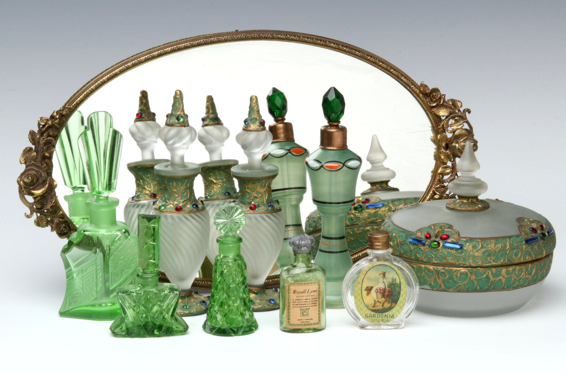A COLLECTION OF DRESSER BOTTLES, JAR AND MIRROR C 1920s