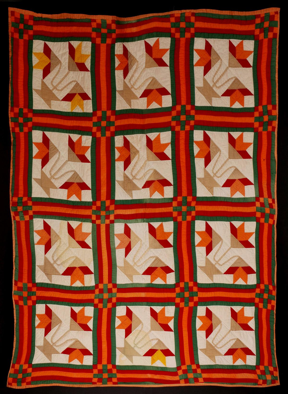 AN AMISH MANNER 'BASKET OF LILIES' HAND STITCHED QUILT