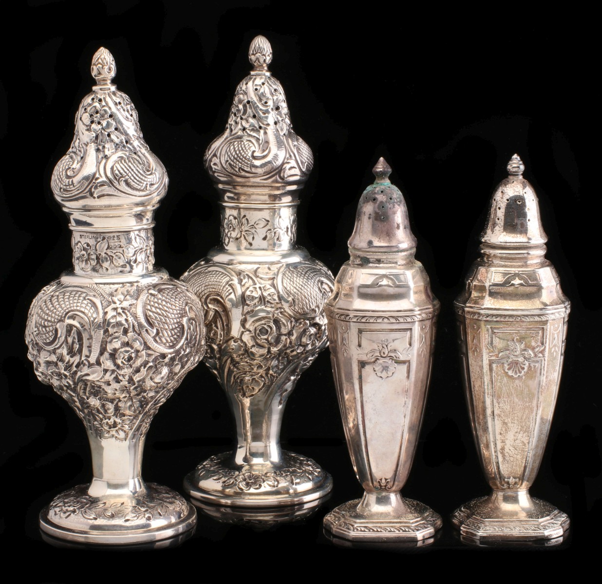 ORNATE CHASED STERLING SILVER SHAKER PAIRS