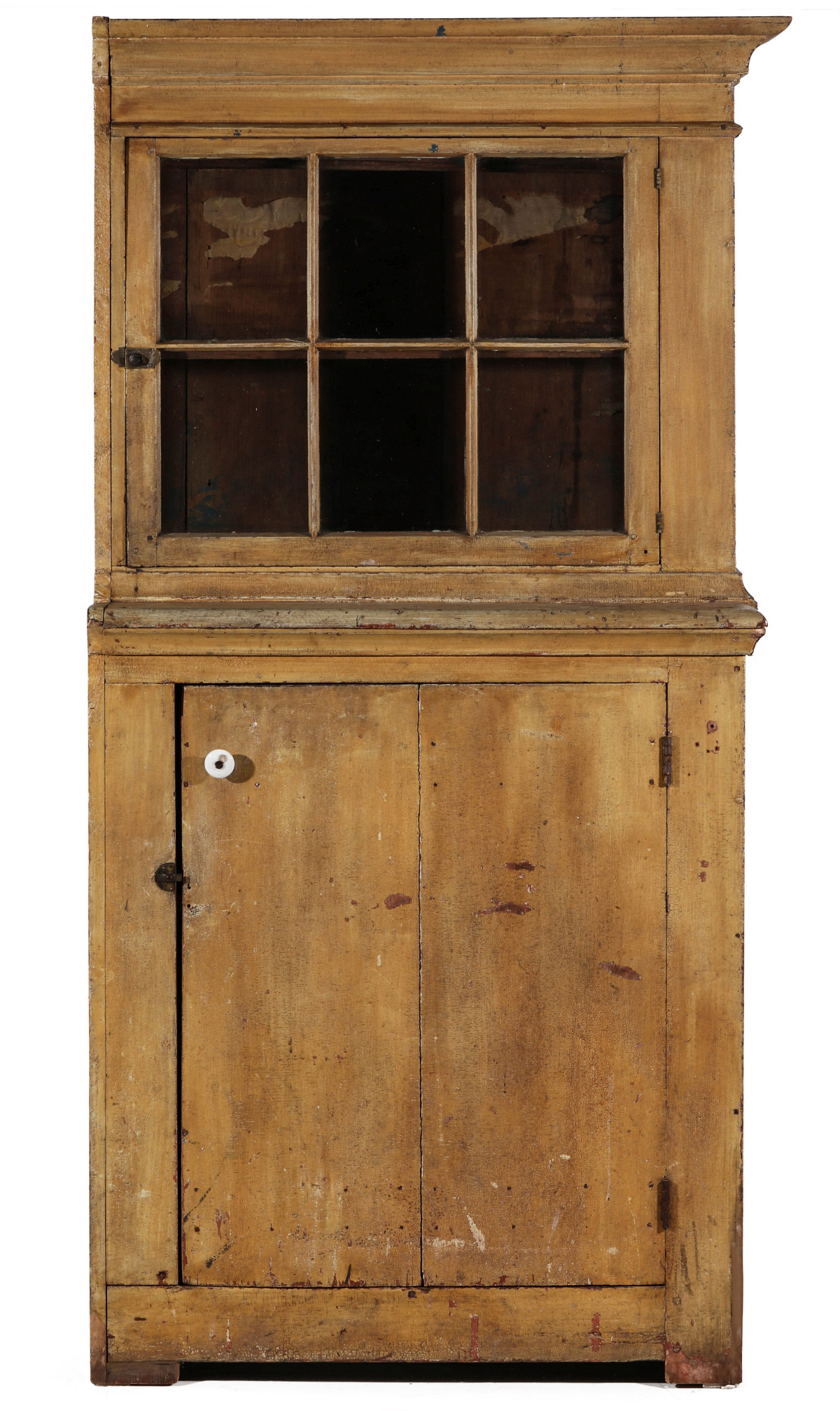 A 19TH CENT AMERICAN ONE DOOR CUPBOARD IN MUSTARD PAINT