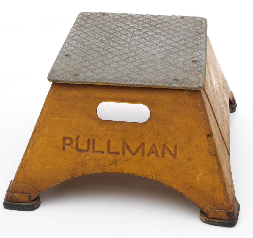 A STEEL AND ALUMINUM RAILROAD STEP BOX MARKED PULLMAN
