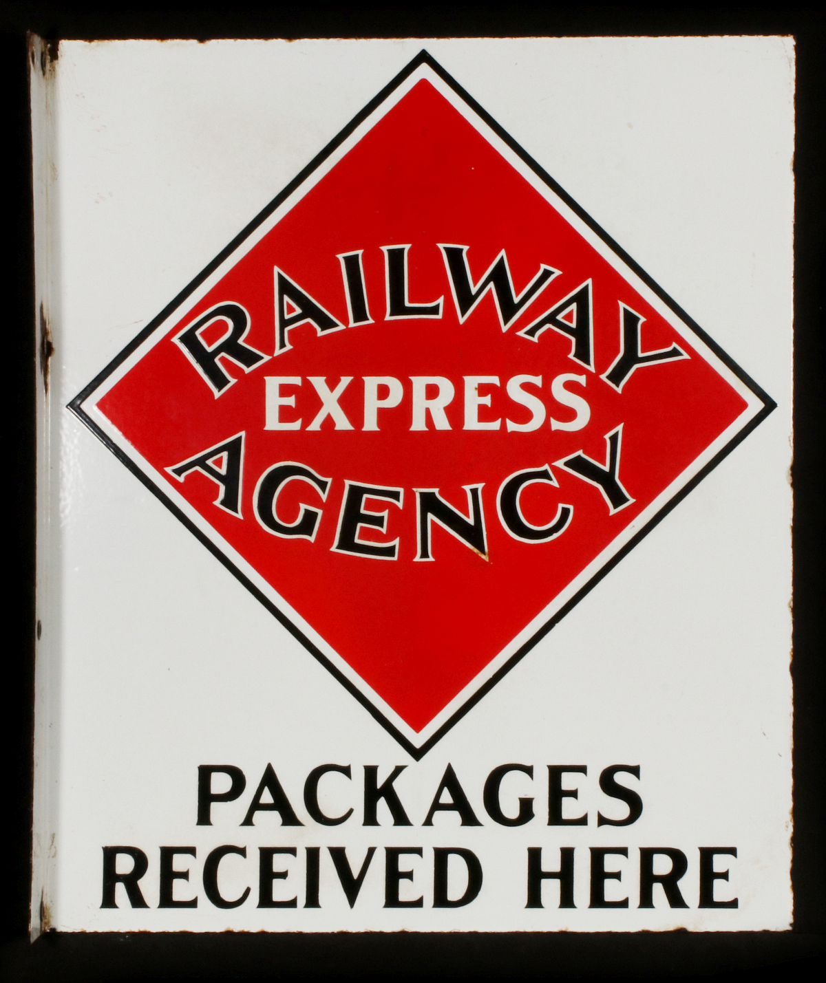 A RAILWAY EXPRESS TWO-SIDED PORCELAIN FLANGE SIGN