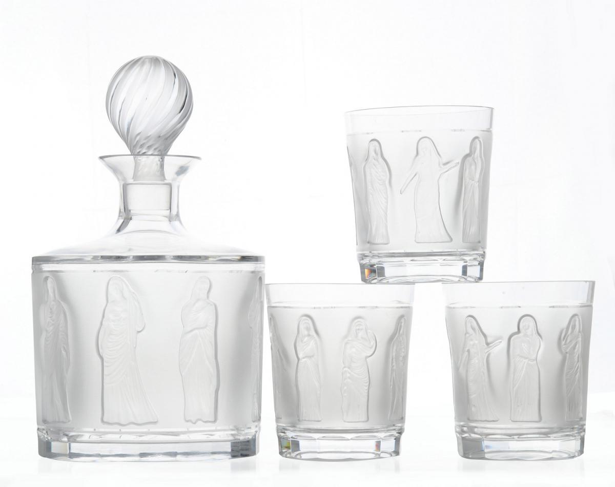 LALIQUE CRYSTAL 'FEMMES ANTIQUES' DECANTER AND TUMBLERS