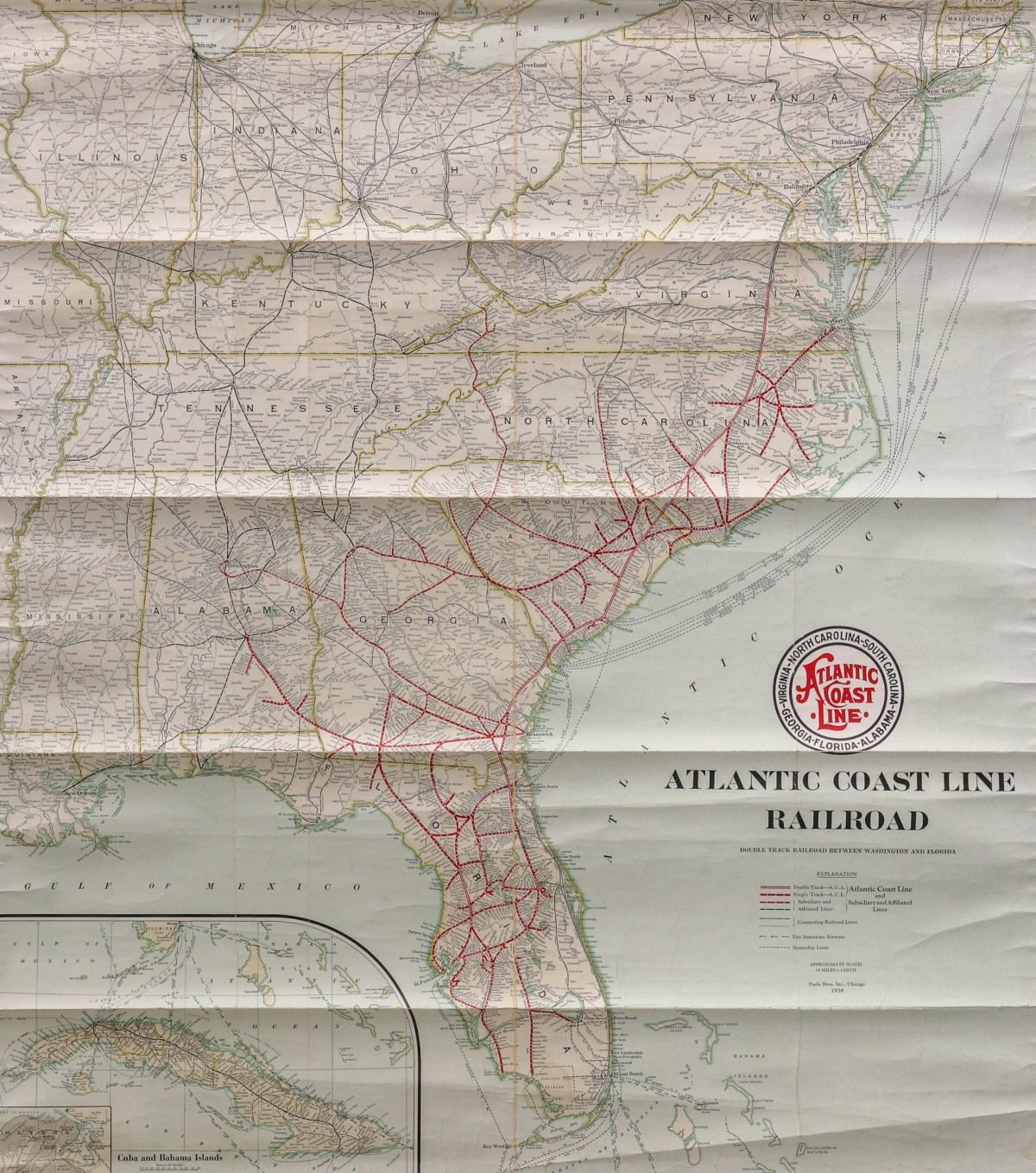 AN ATLANTIC COAST LINE RAILROAD MAP DATED 1938