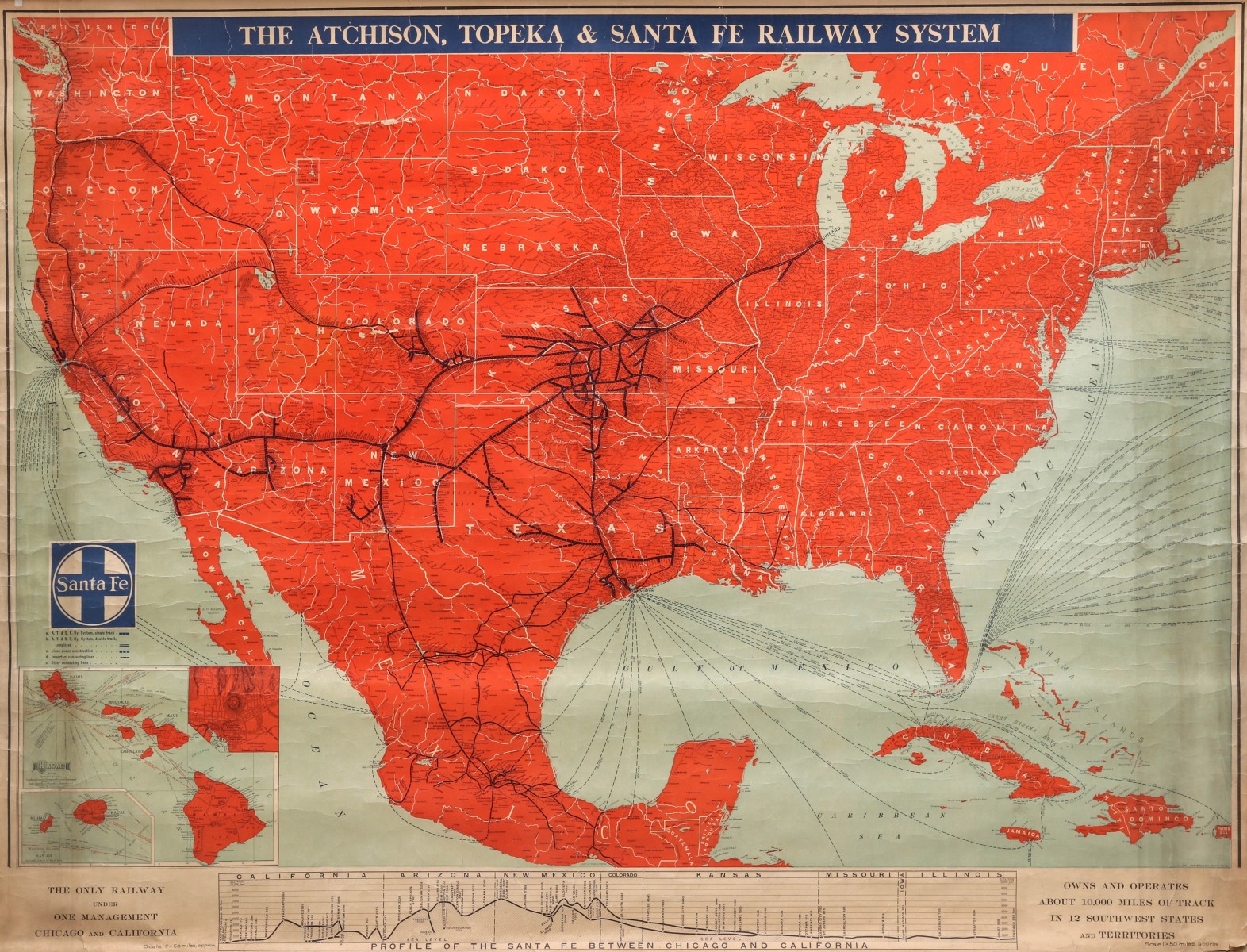 AN ATCHISON, TOPEKA AND SANTA FE WALL MAP DATED 1910