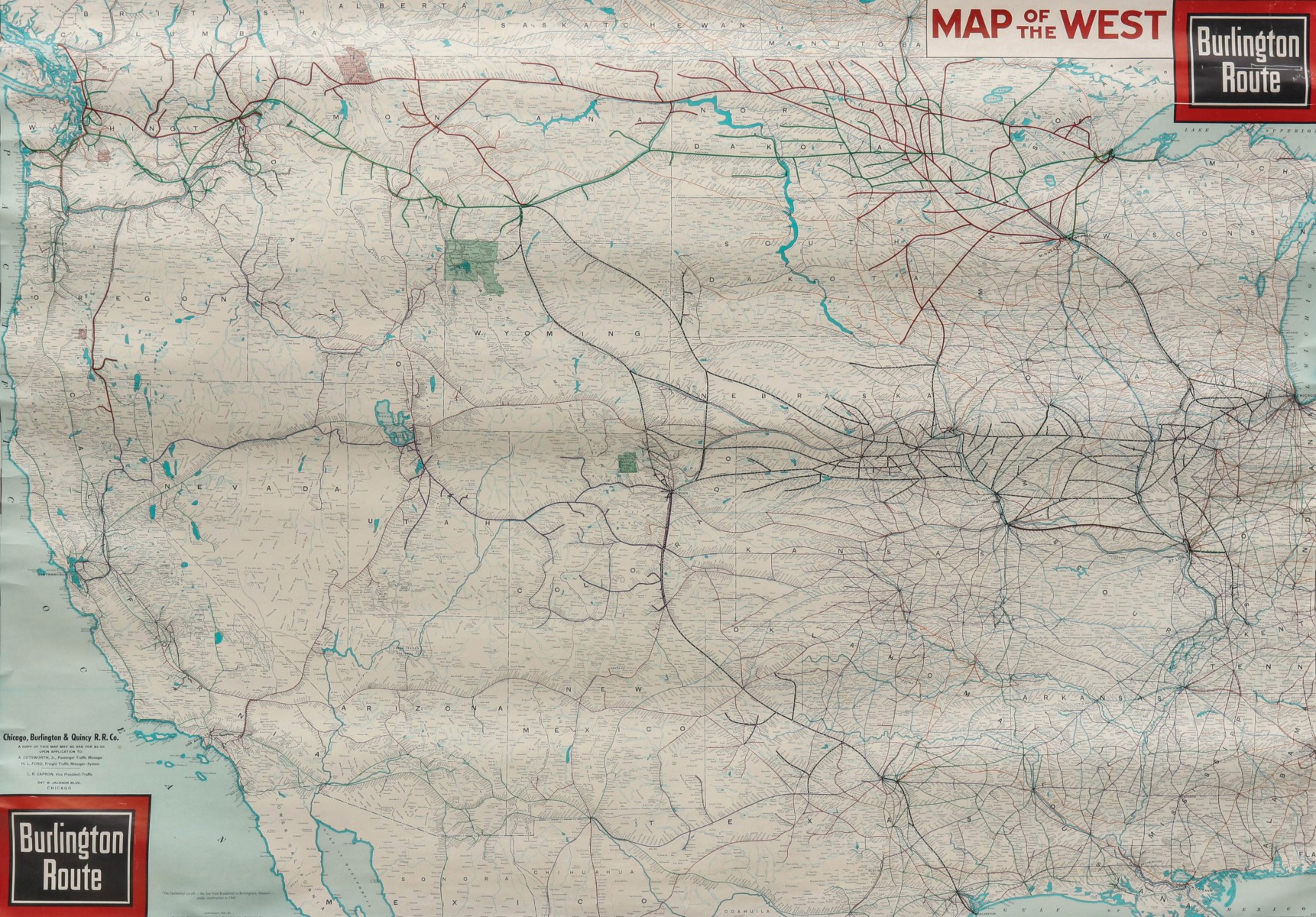 BURLINGTON ROUTE RAILROAD 'MAP OF THE WEST' DATED 1947