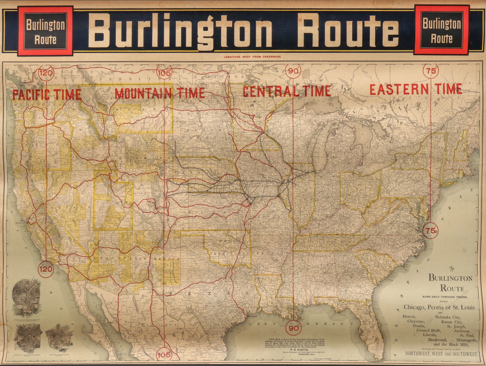 A BURLINGTON ROUTE U.S. TIME ZONES AND RAILROAD MAP