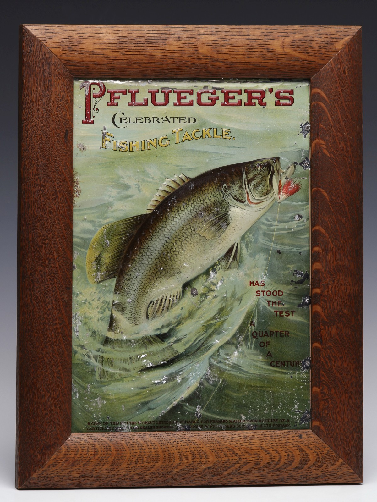 A PFLUEGER'S FISHING TACKLE TIN LITHO ADVERTISING SIGN