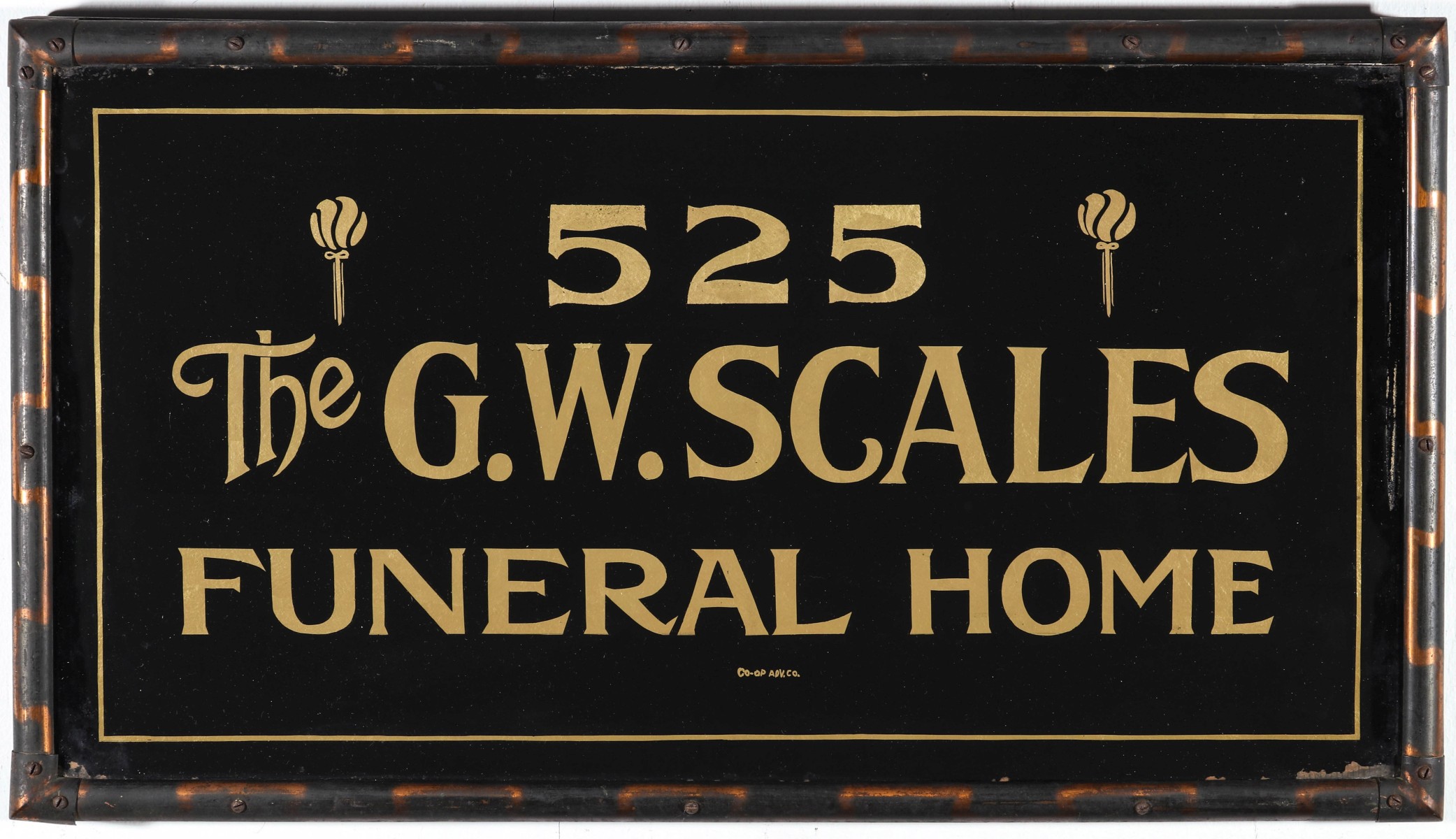 THE G. W. SCALES FUNERAL HOME REVERSE PAINTED SIGN