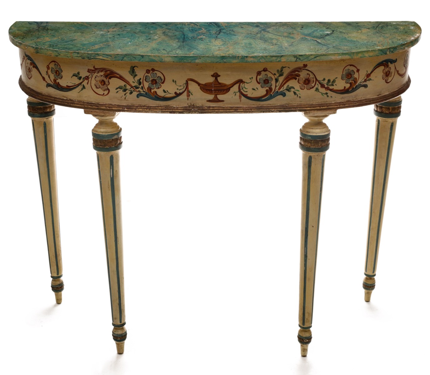 AN EARLY 20TH CENTURY PAINTED DEMILUNE CONSOLE TABLE